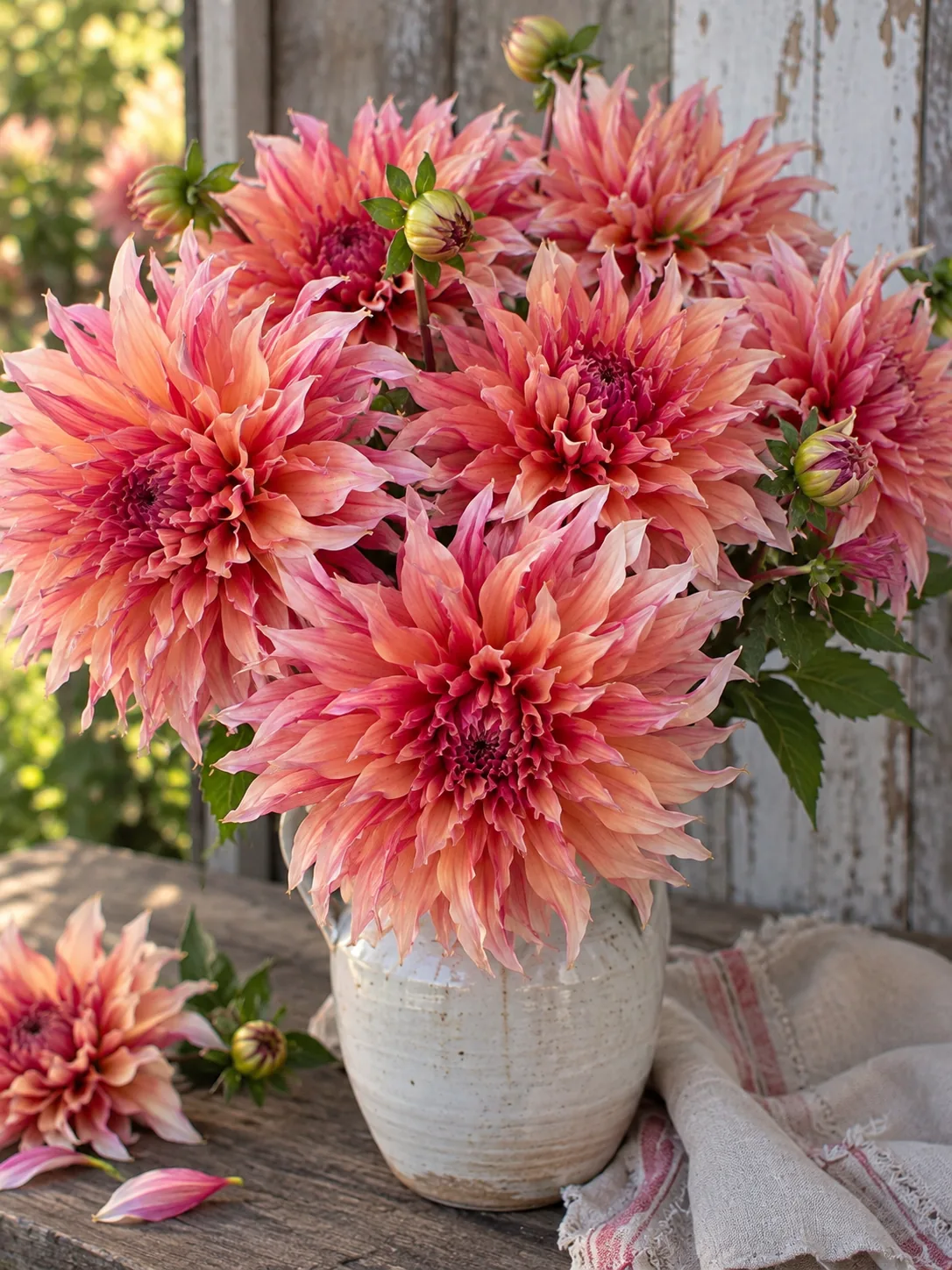 A vase filled with peach, coral and raspberry-pink Labyrinth dahlias.
