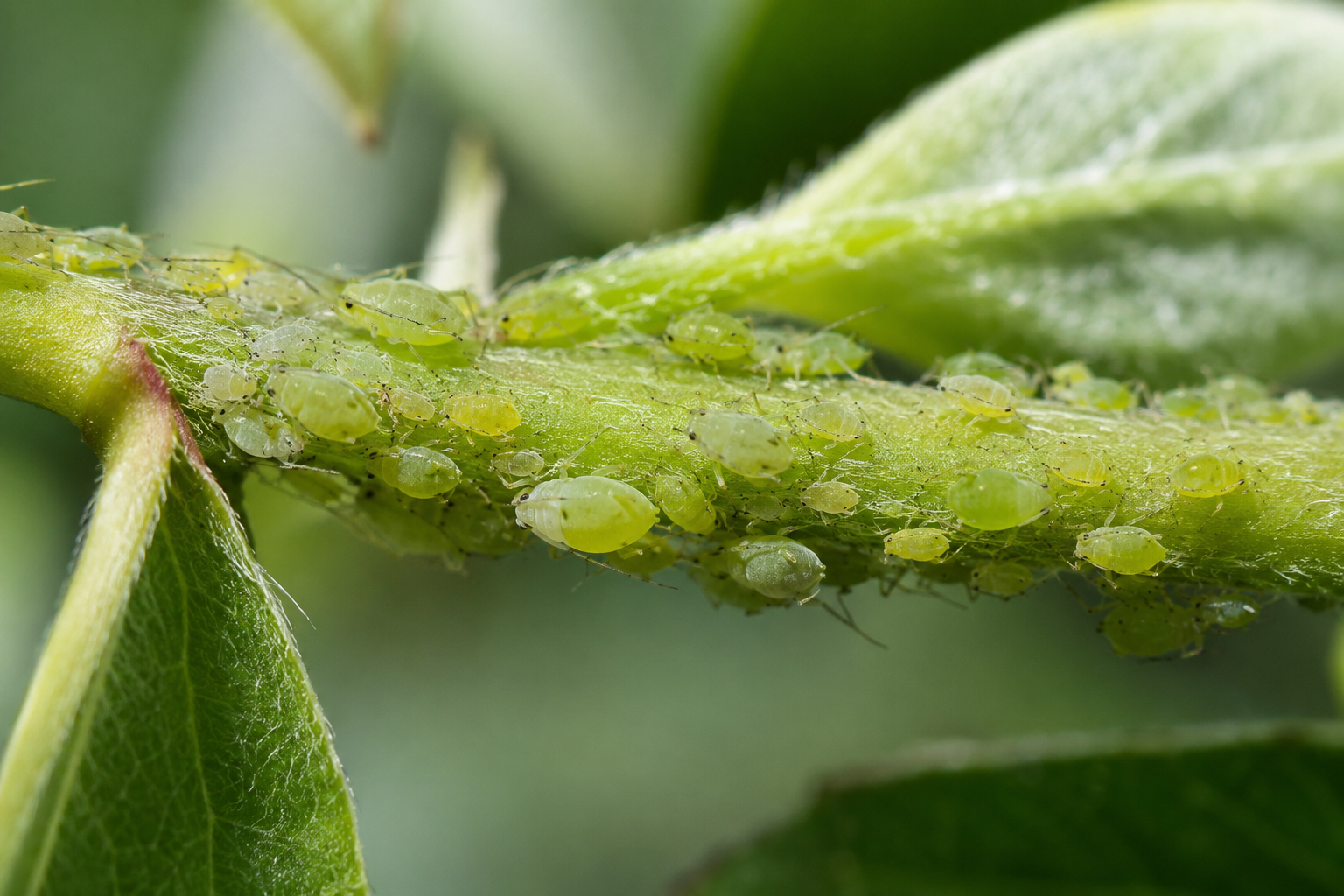 Cluster of green aphids feeding on a plant stem