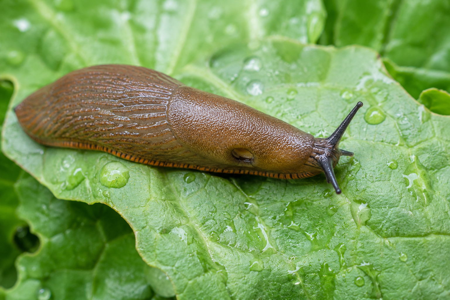 Garden slug on a chewed leaf with a slime trail