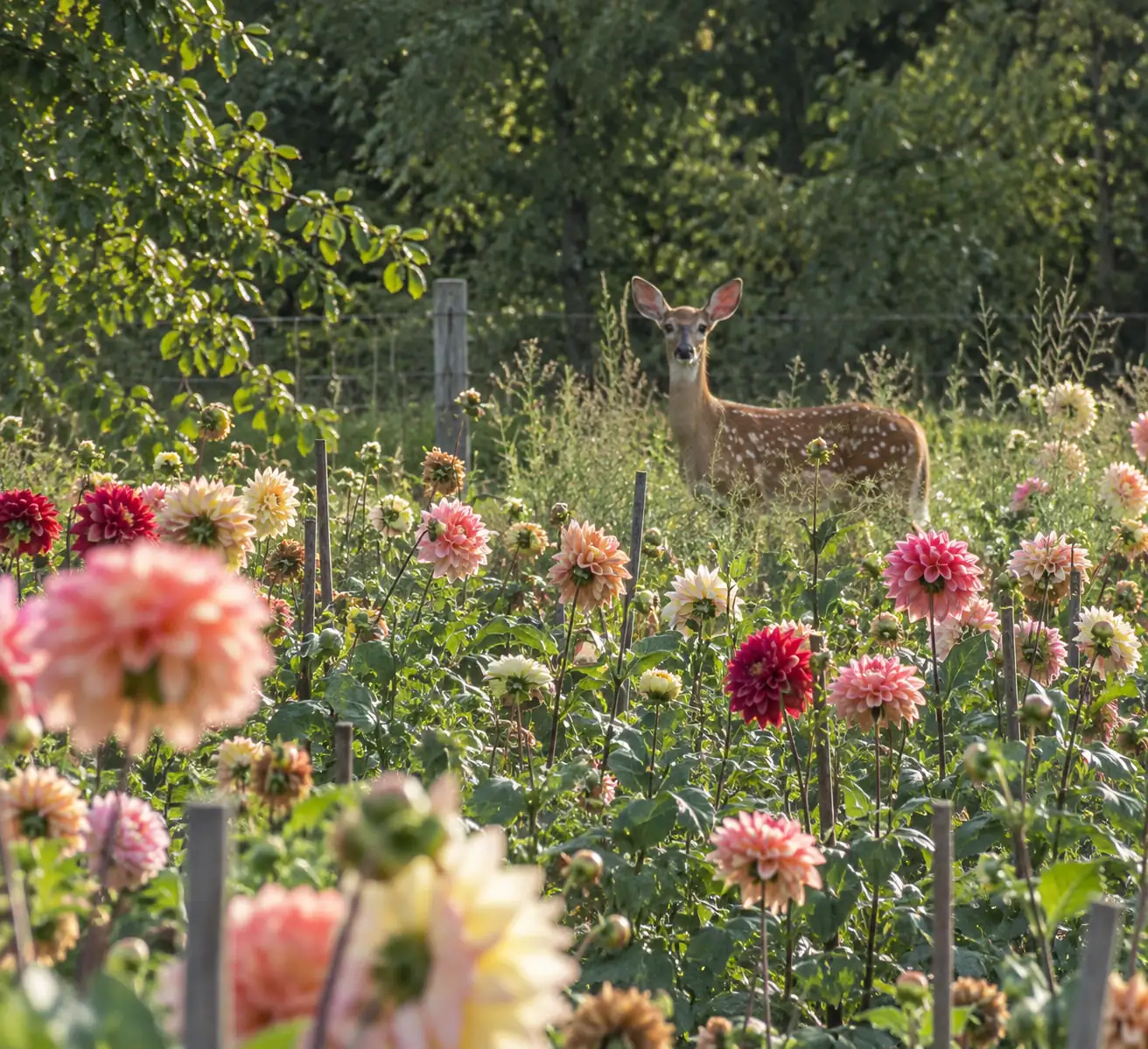 A spotted fawn standing among tall blooming dahlias in a fenced garden, looking toward the camera.