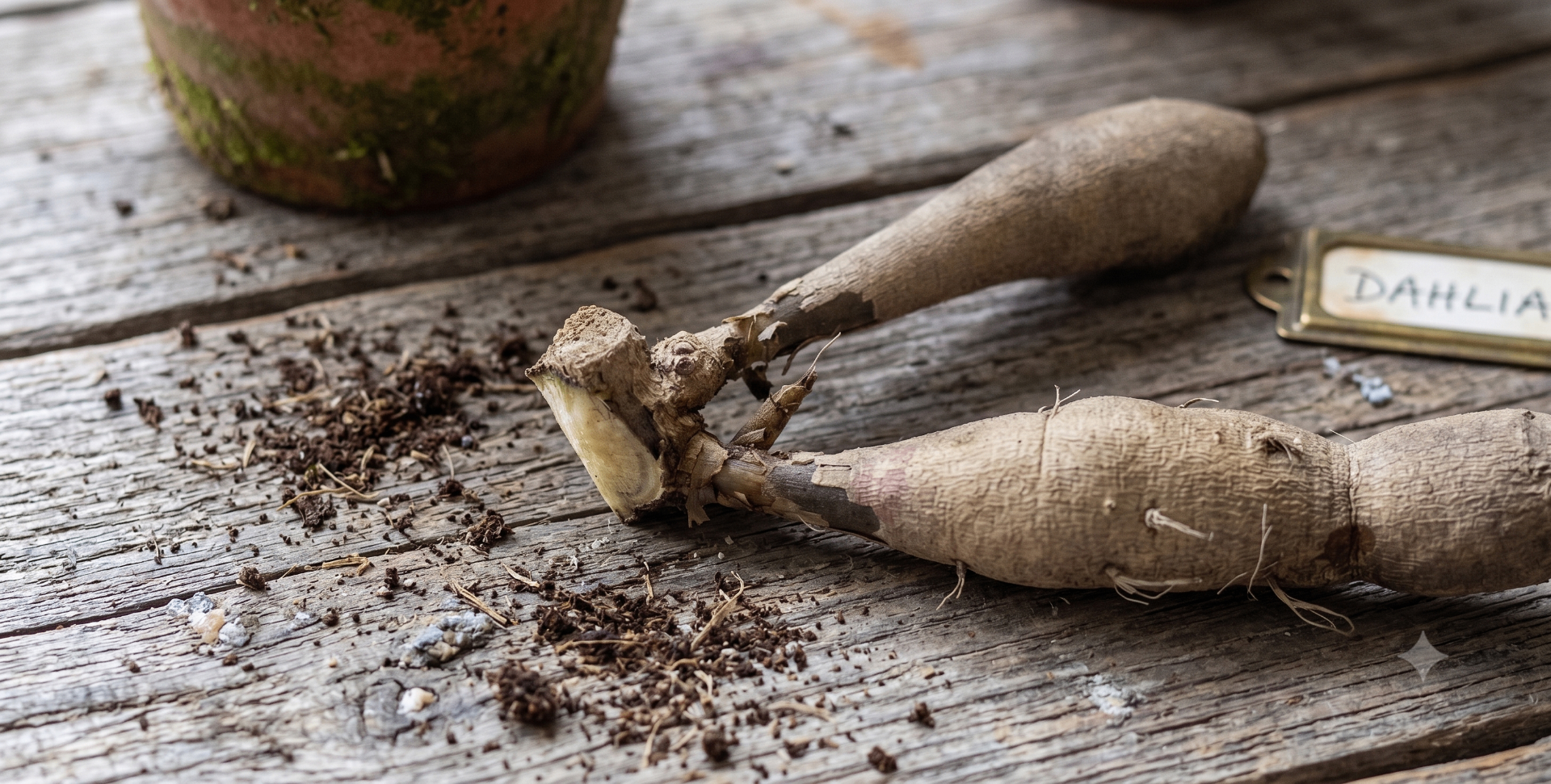 Three divided dahlia tuber pieces, each with a chunk of crown and a visible eye