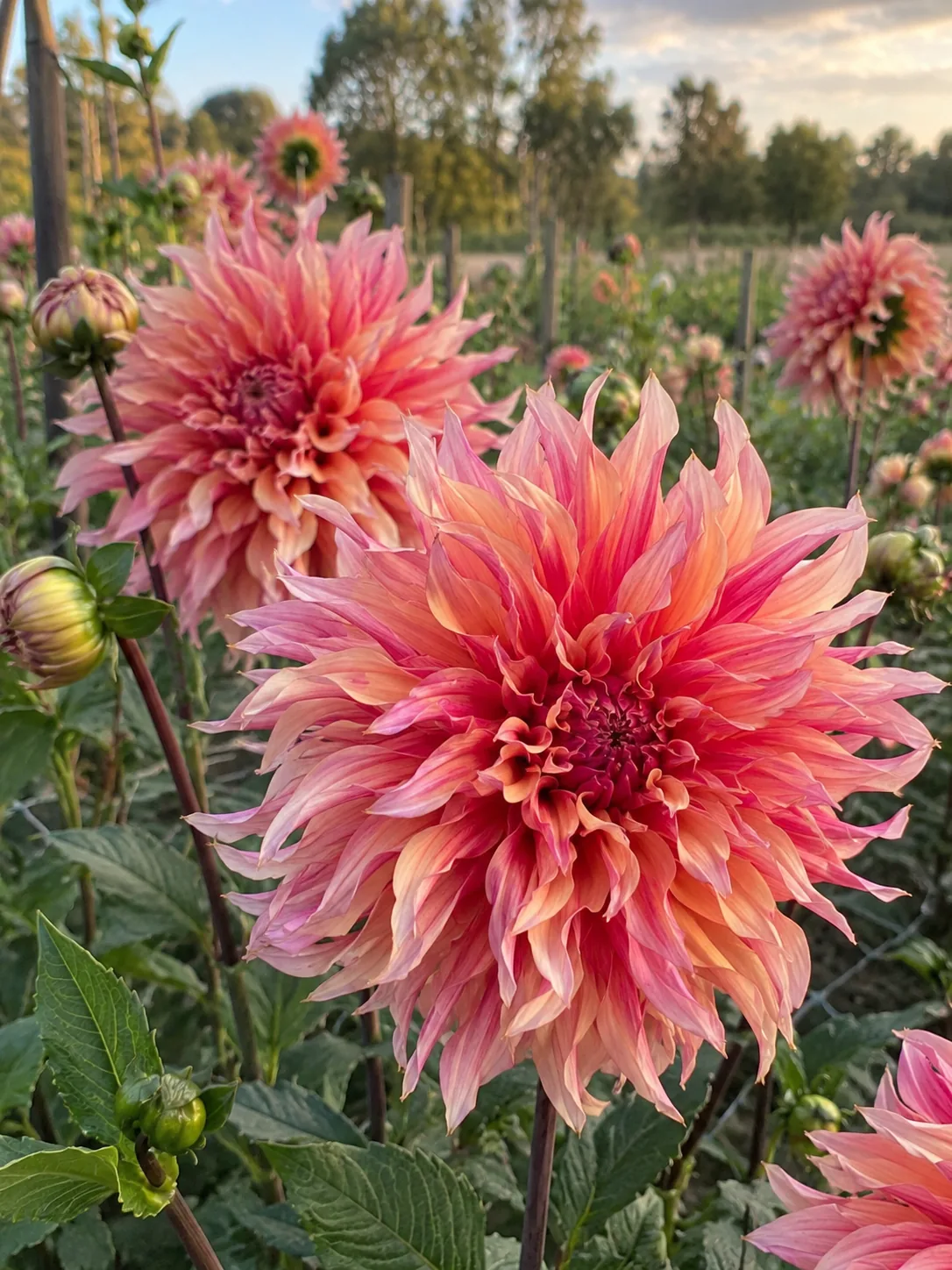 Labyrinth dahlias blooming in a cutting garden, showing twisted peach, coral and raspberry-pink petals.