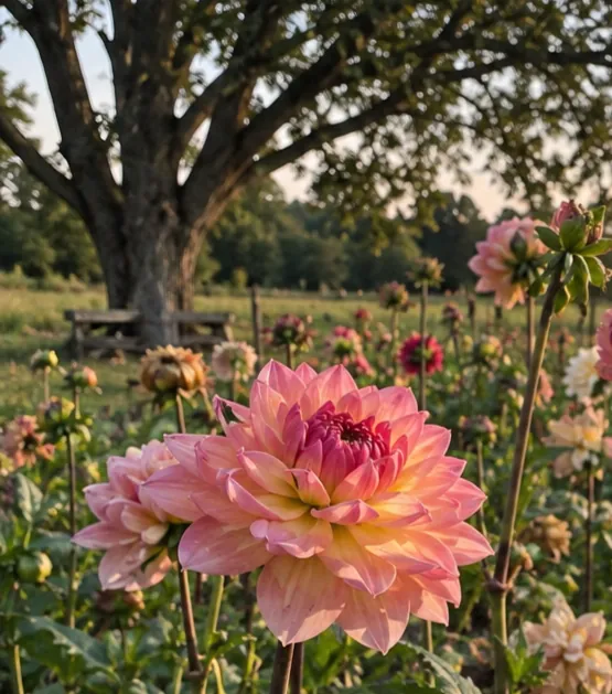 A coral-pink dahlia bloom in a garden field at sunset, with more dahlias and an oak tree in soft focus behind it.