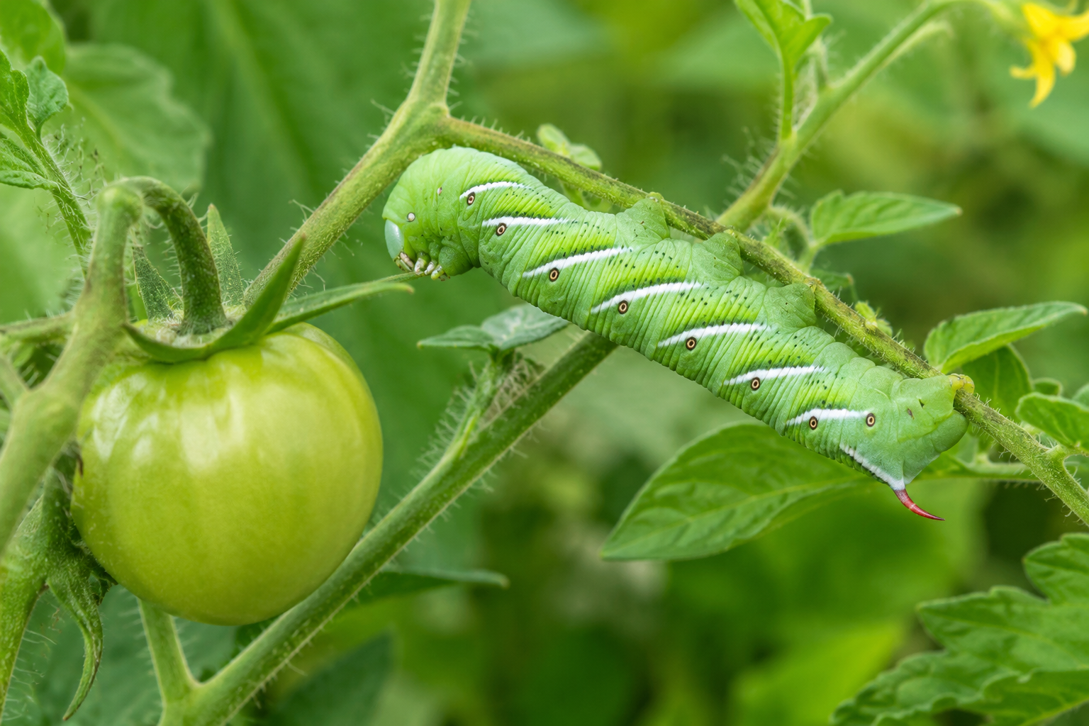 Large green tomato hornworm caterpillar on a tomato stem