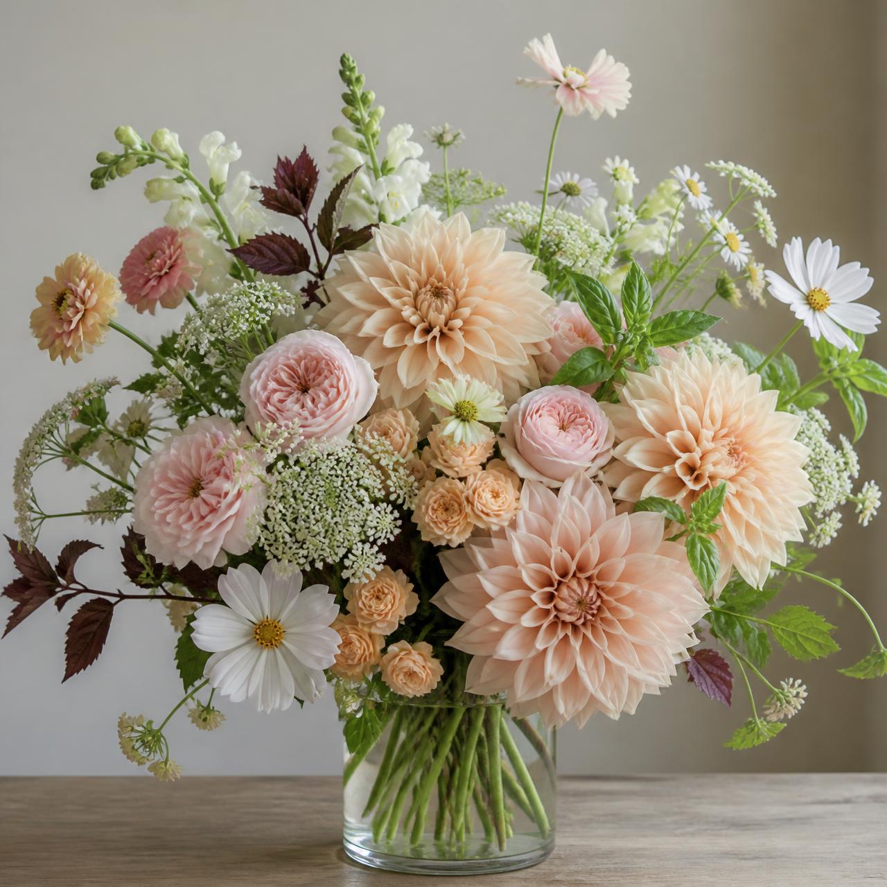 Café au Lait dahlia bouquet with blush roses, cosmos, snapdragons, zinnias, feverfew, ammi, basil and ninebark foliage.