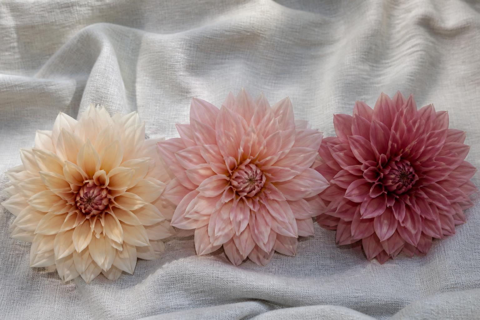 Natural color variation among Café au Lait dahlia flowers ranging from cream to blush pink.