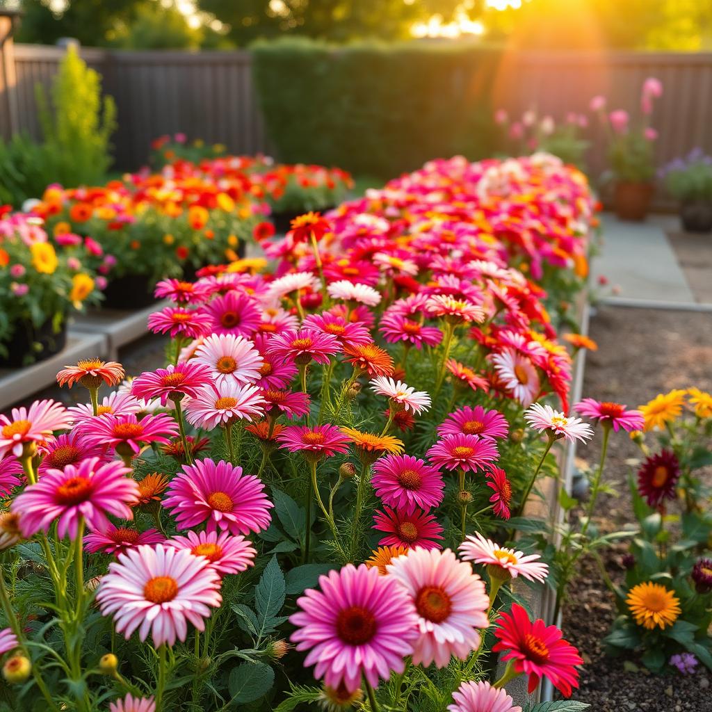 Backyard cut flower garden in bloom with zinnias, cosmos, and dahlias at golden hour