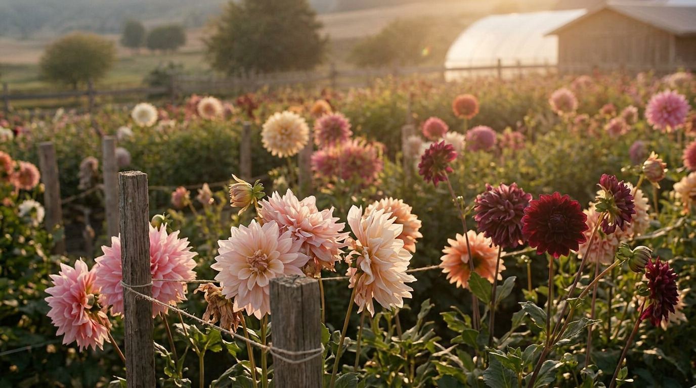 Small-farm dahlia field at golden hour with blush, cream, peach, and burgundy blooms on staked rows