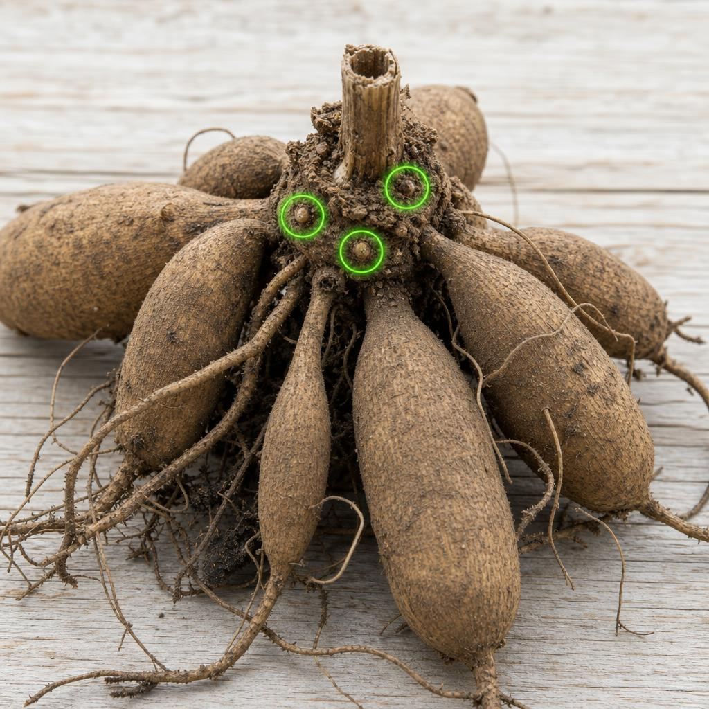 Same dry dahlia tuber clump with bright green circles highlighting the eyes on the collar