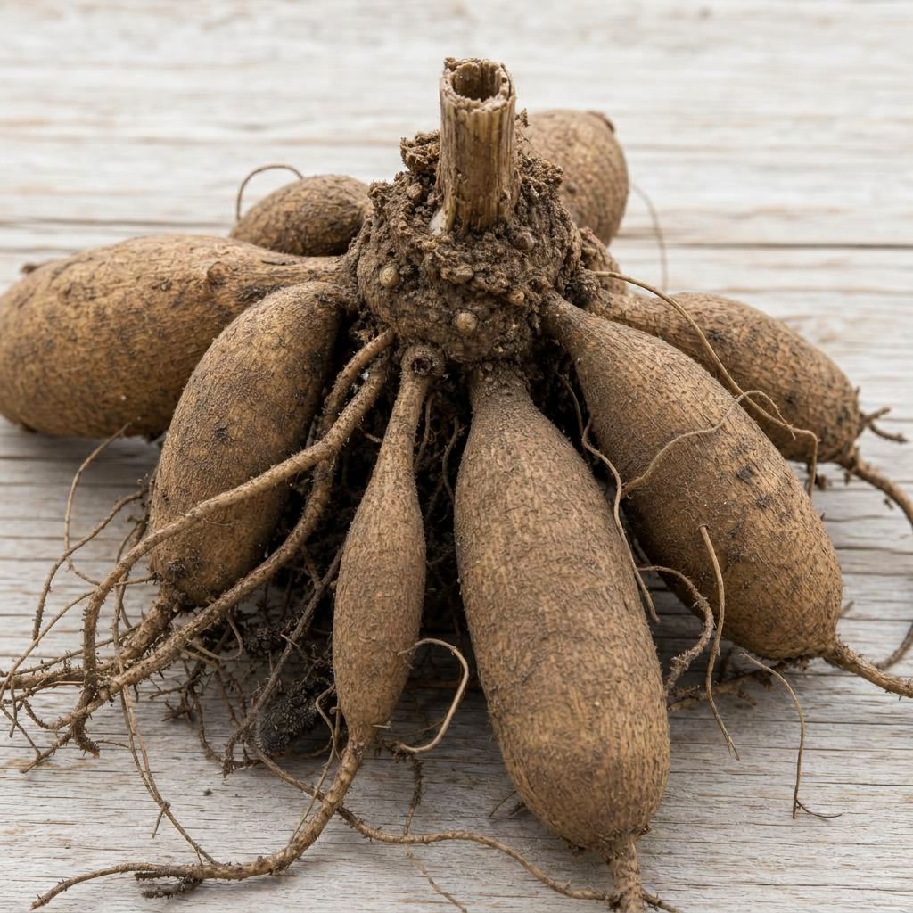 Dry dahlia tuber clump resting on whitewashed wood, with the collar area where eyes form visible but unmarked