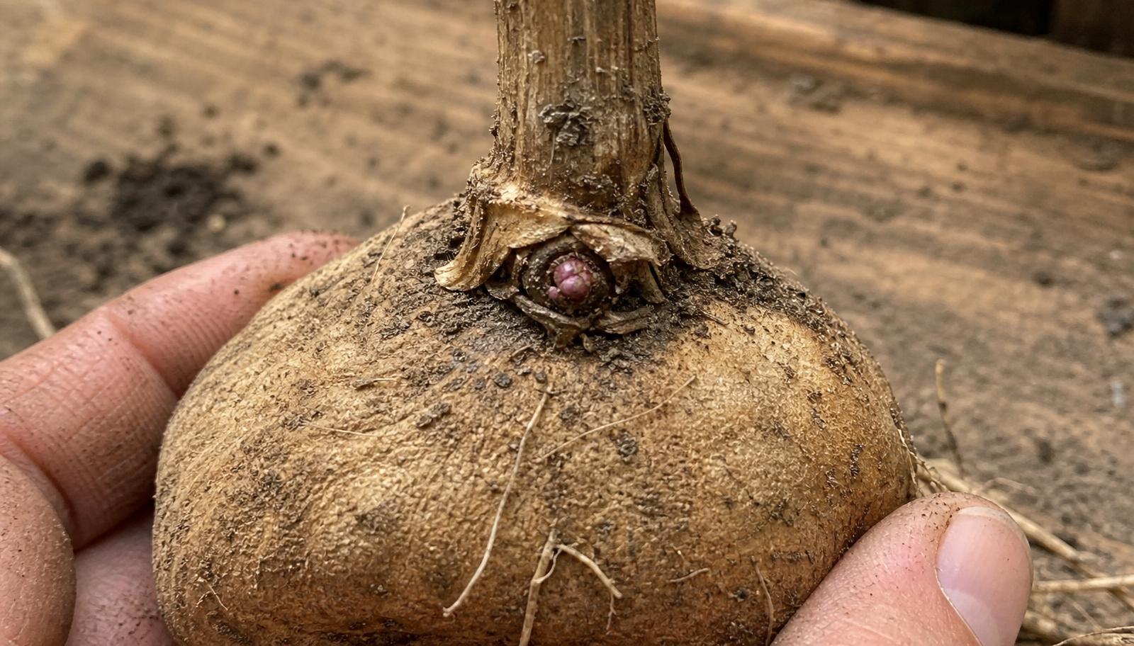 Close-up of a dahlia tuber held in a hand showing a small purple eye on the crown collar