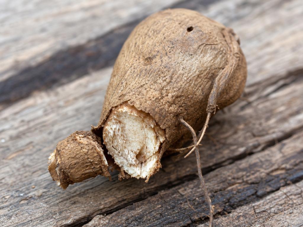 Broken dahlia tuber with no crown or collar, illustrating a non-viable tuber