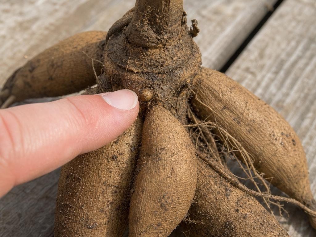 Finger pointing to a tiny wart-like pre-eye on the collar of a dahlia tuber clump
