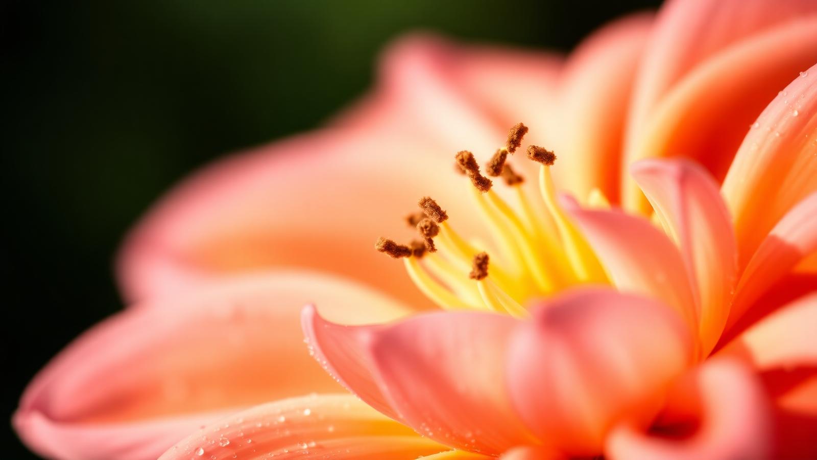 Macro photograph of a coral dahlia bloom with visible pollen on stamens