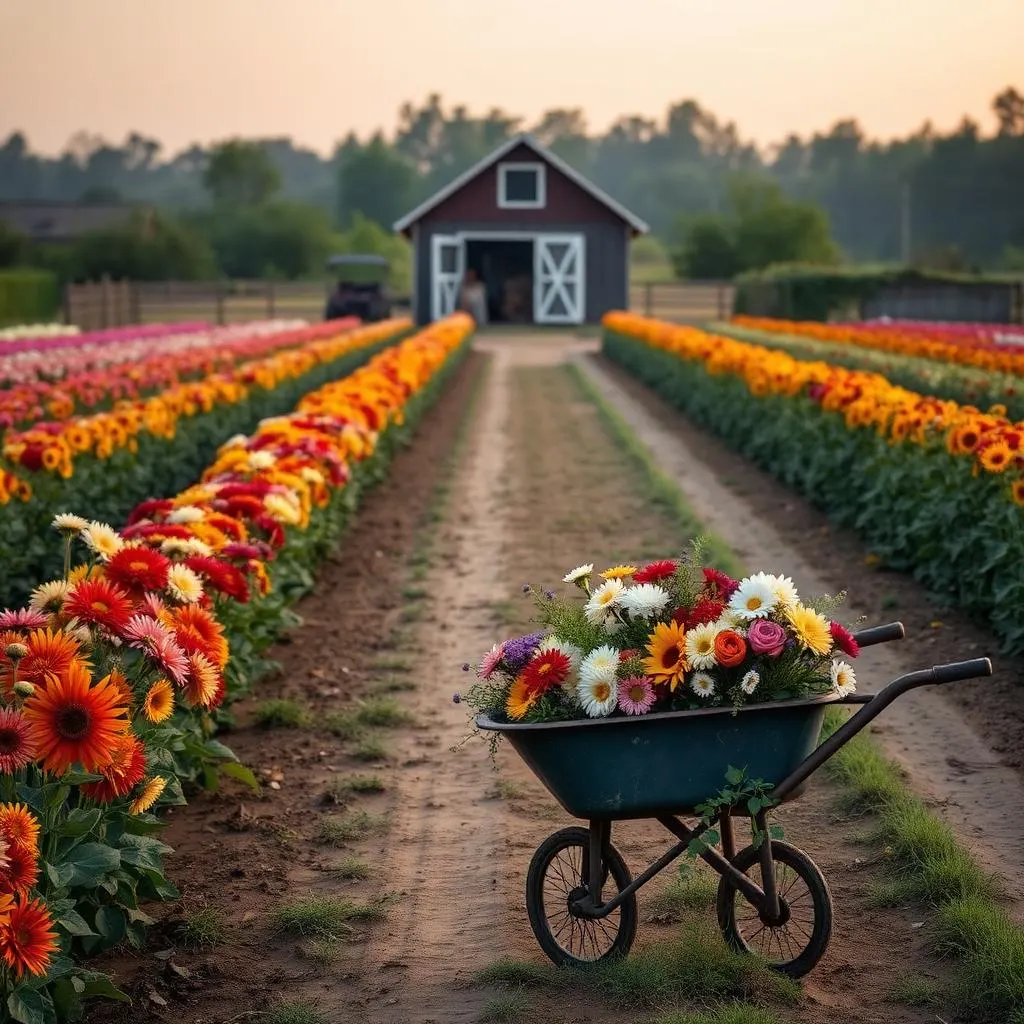 Small flower farm at sunrise with rows of dahlias, sunflowers and a wheelbarrow of fresh bouquets