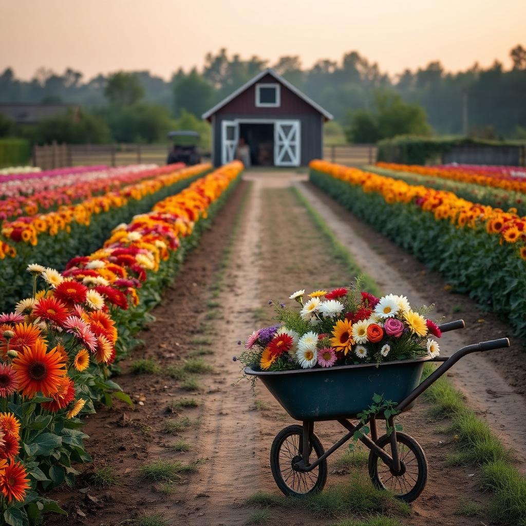 Small flower farm at sunrise with rows of dahlias, sunflowers and a wheelbarrow of fresh bouquets