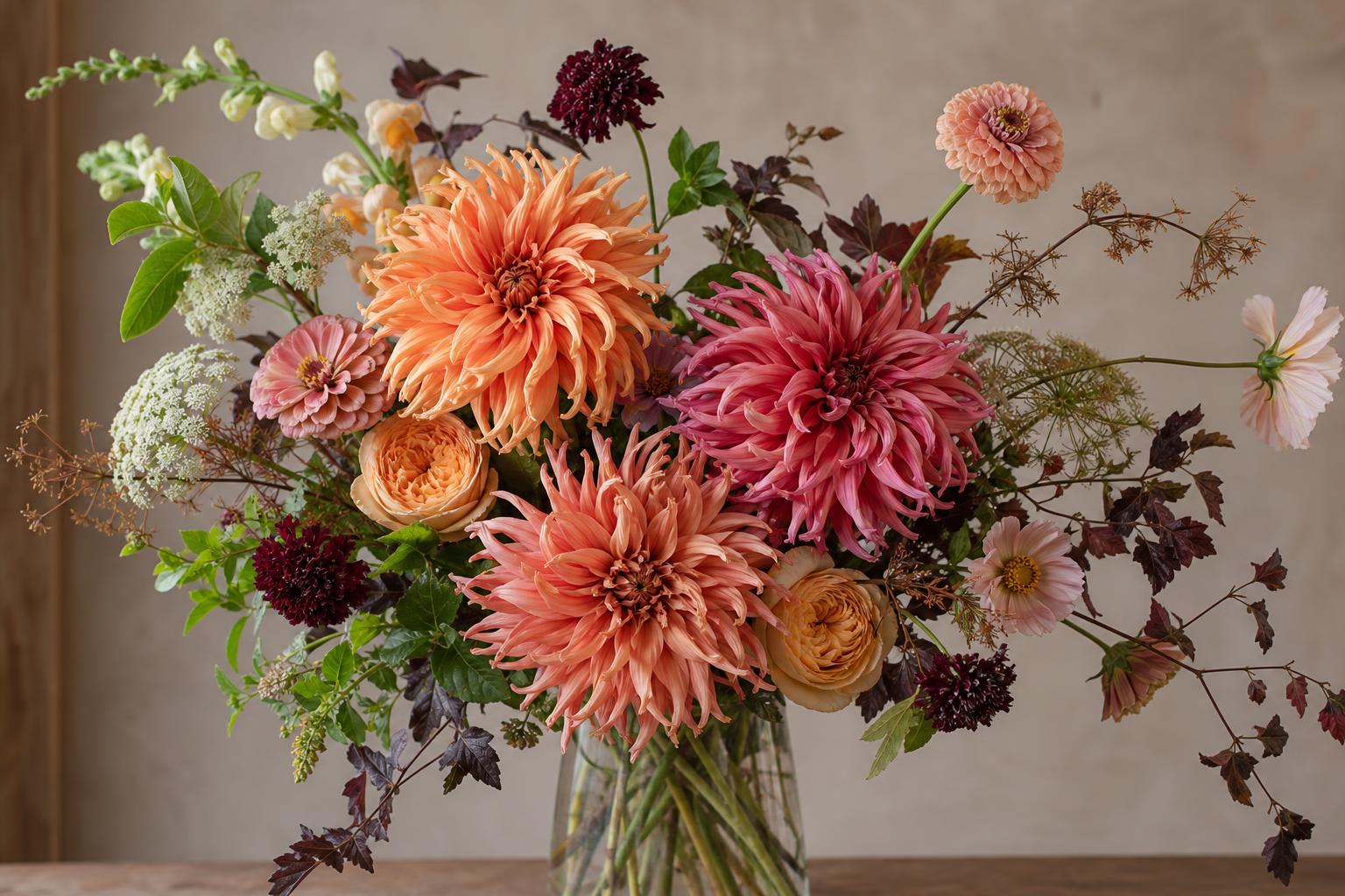 Labyrinth dahlia bouquet with apricot roses, blush zinnias, burgundy scabiosa, cosmos, snapdragons, ammi, fennel, basil and ninebark.