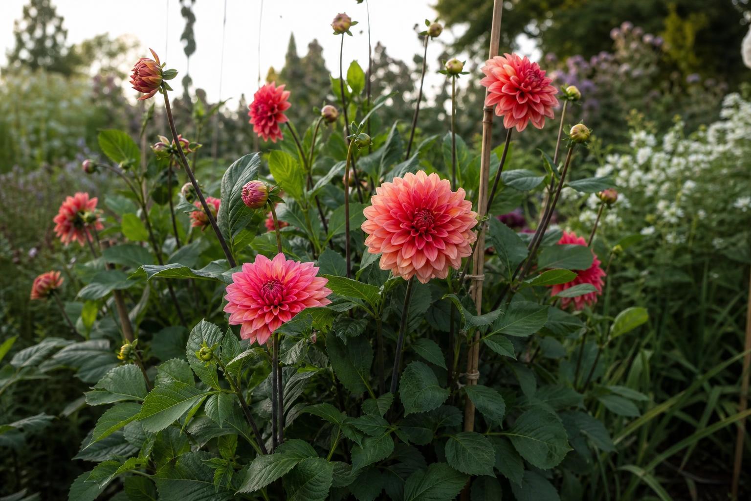 Mature Labyrinth dahlia plant with peach and raspberry flowers growing in a sunny cutting garden.