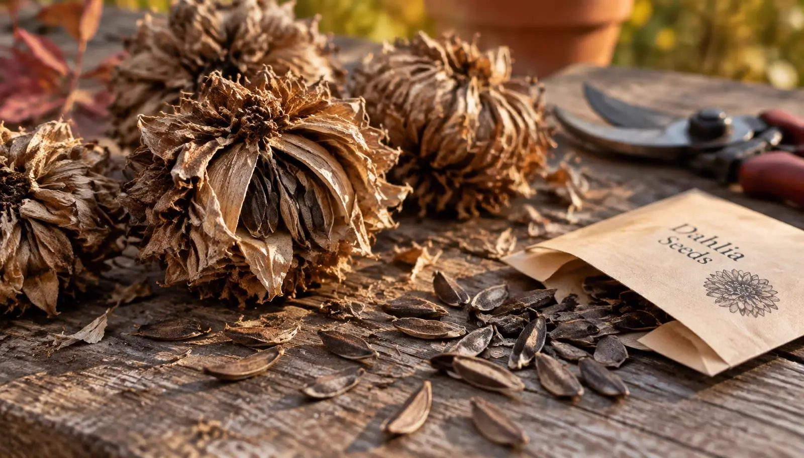 Dried brown dahlia seed heads split open on a weathered wooden table with flattened dark dahlia seeds and a paper seed envelope.