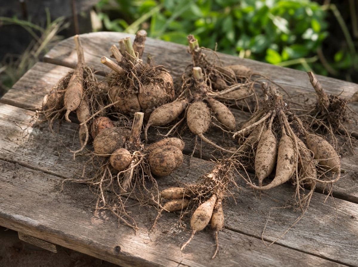Freshly dug dahlia tubers cleaned and laid out on a wooden bench for winter storage