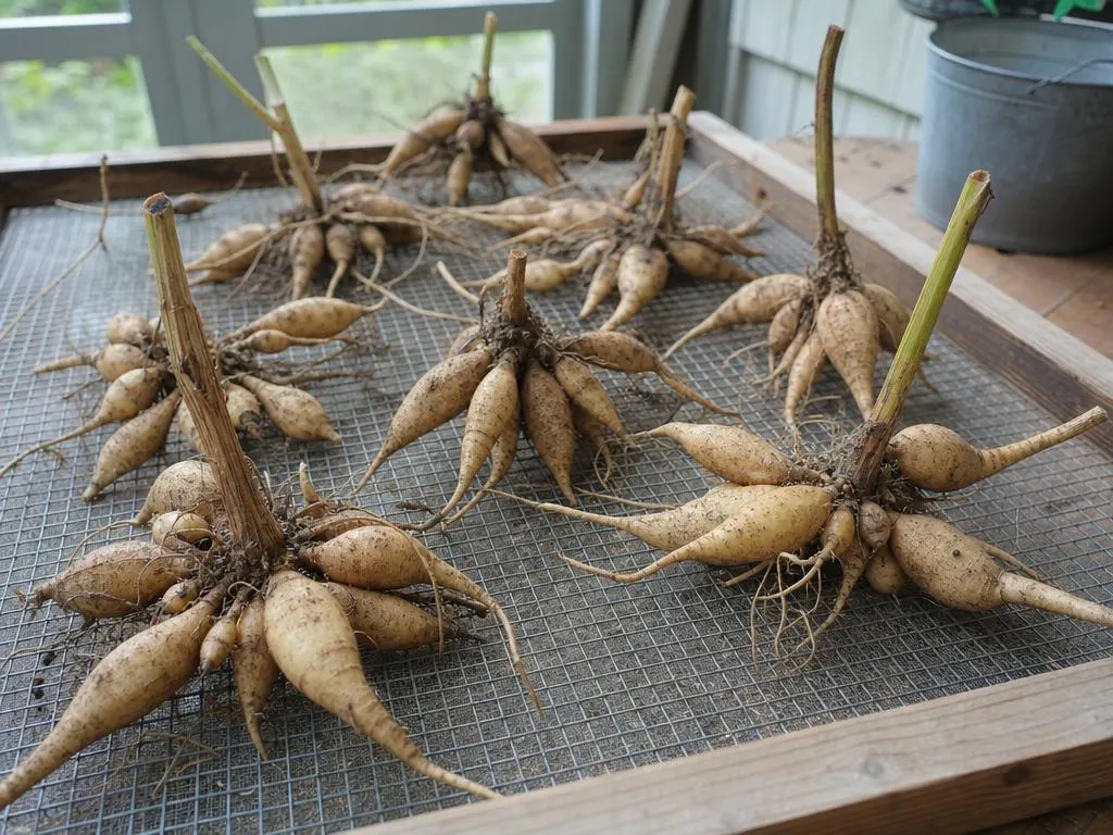 Cleaned dahlia tuber clumps spaced on a wire rack to air-dry in a shaded spot
