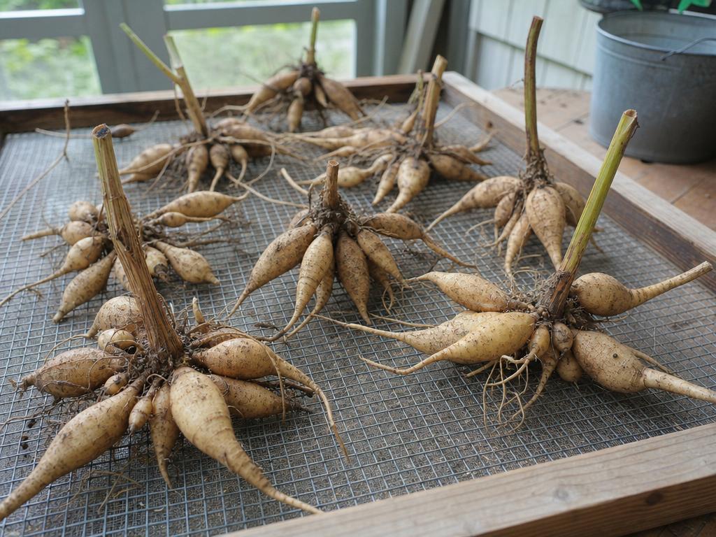 Cleaned dahlia tuber clumps spaced on a wire rack to air-dry in a shaded spot