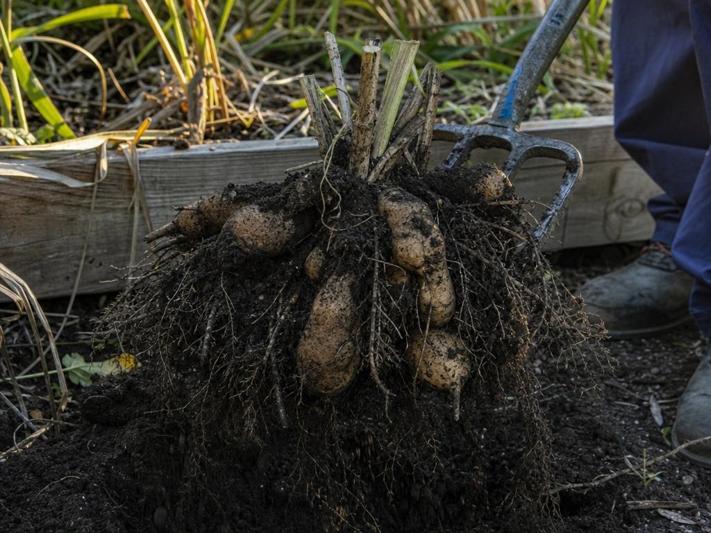 Gardener lifting a clump of freshly dug dahlia tubers from the soil with a spading fork