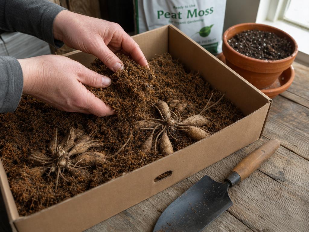 Hands layering dahlia tubers in a cardboard box with barely damp peat moss