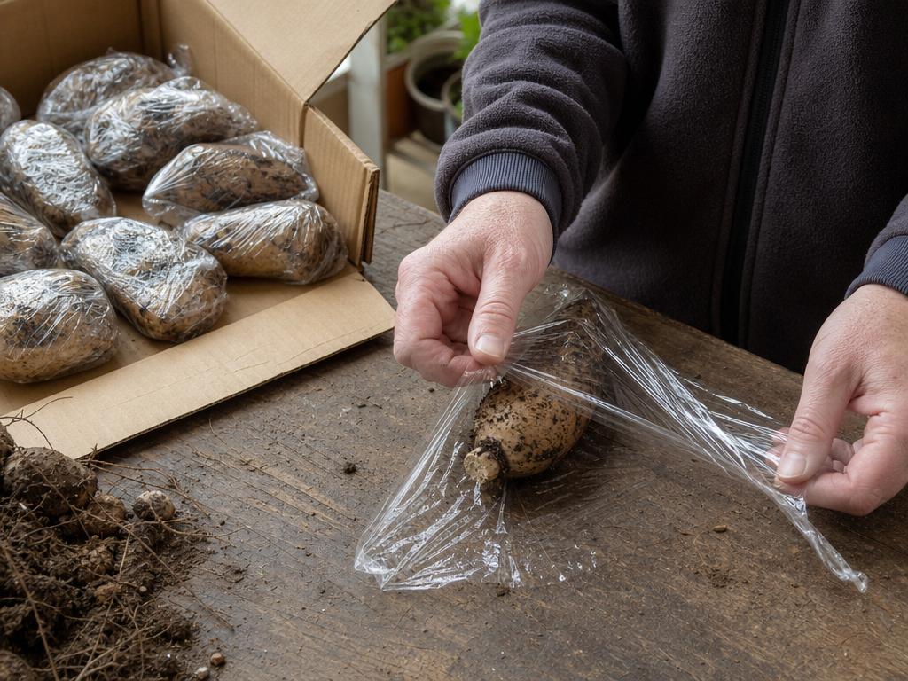 Hands wrapping a single dahlia tuber in clear plastic wrap, with wrapped tubers stacked in a box