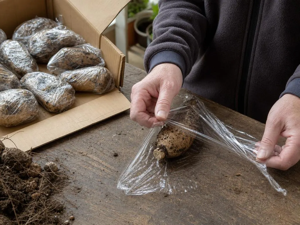 Hands wrapping a single dahlia tuber in clear plastic wrap, with wrapped tubers stacked in a box