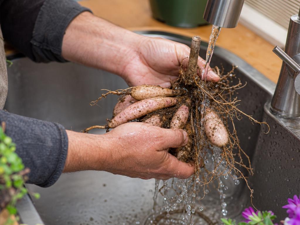 Hands rinsing a dahlia tuber clump under a kitchen sink faucet