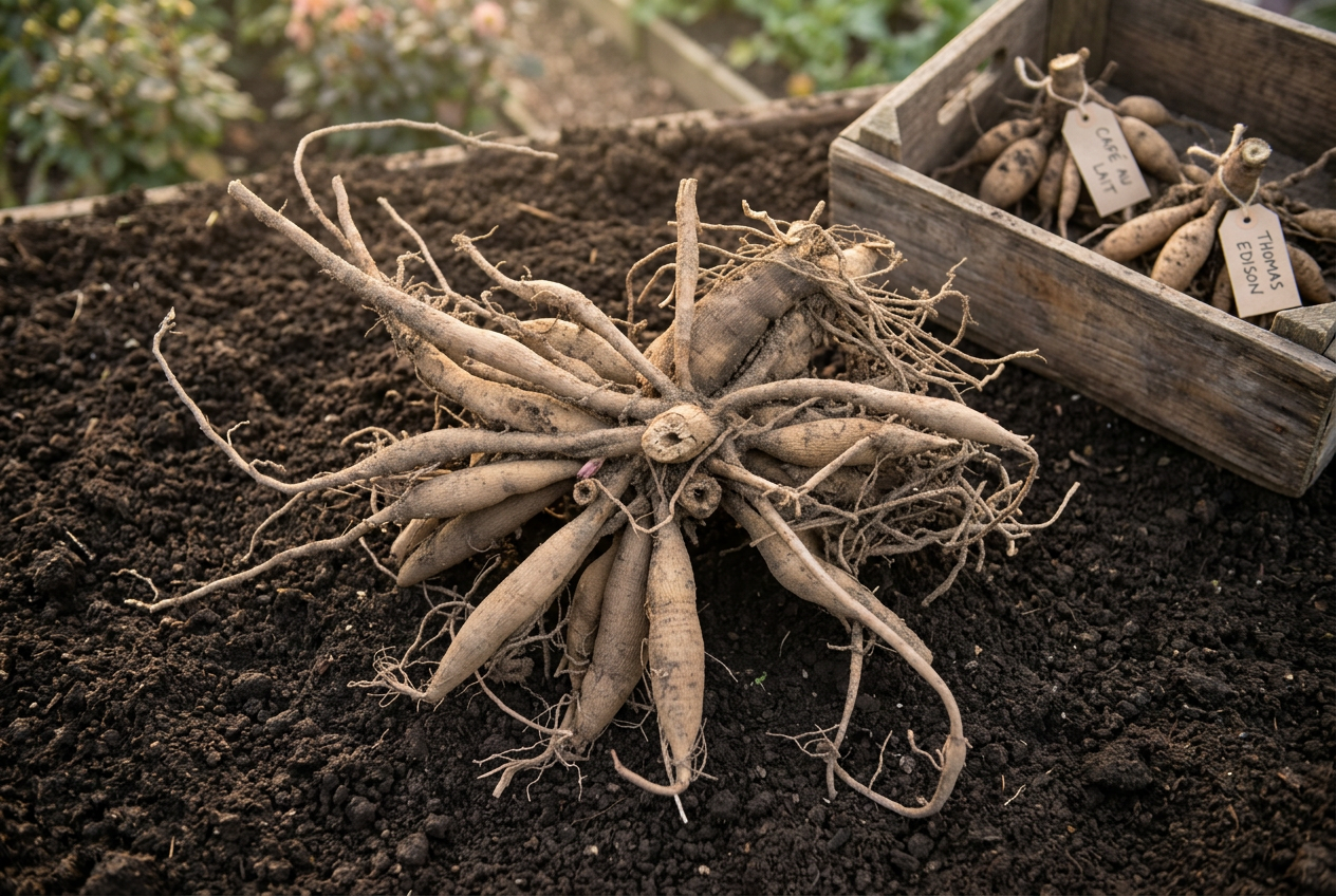 A freshly-lifted dahlia tuber clump with visible crown and eyes, ready for spring planting